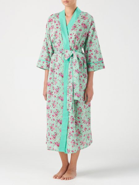 Long Kimono style Dressing Gown in Rambling Rose Sea Green