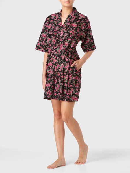 Short kimono style dressing gown in Rambling Rose Black