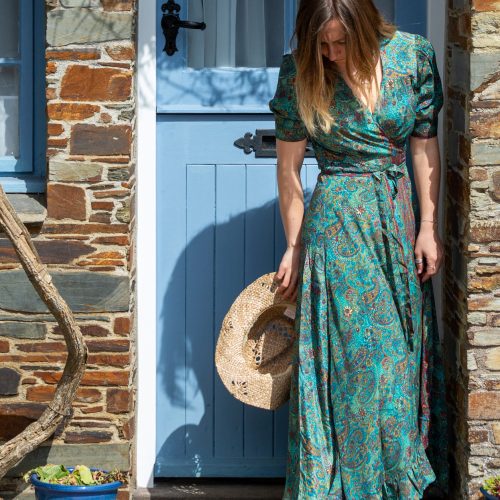 Bonita wrap dress in turquoise with gold