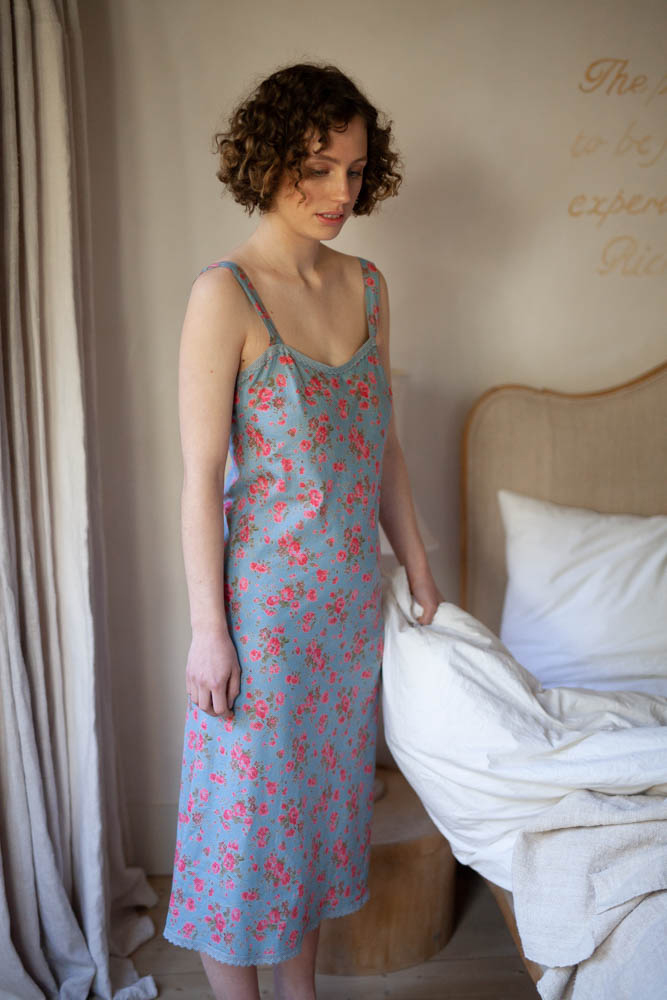 Chemise Dress Rambling Rose Dusky Blue
