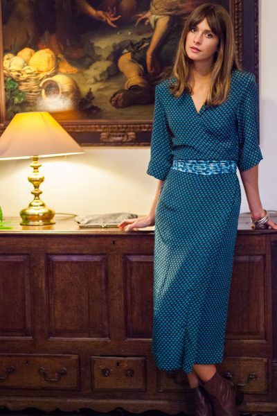 Japanese Style Wrap Dress in Blue Leaf