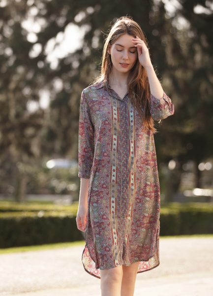 Shirt dress Gold flower maroon Shirt dress Gold flower maroon