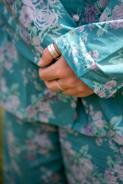 cotton pjs in vintage rose pacific blue close up