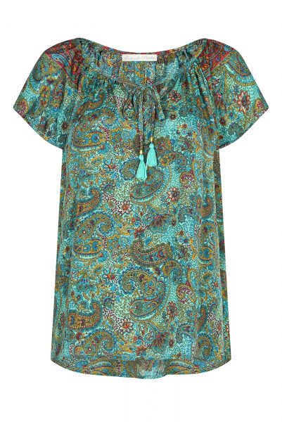 Blouse with ties in Turquoise with gold