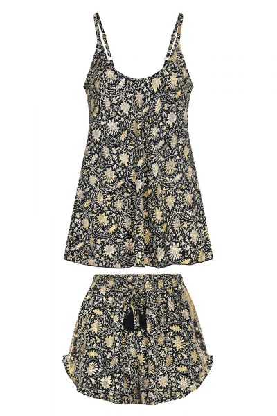 Cami top and shorts in Gold flower black