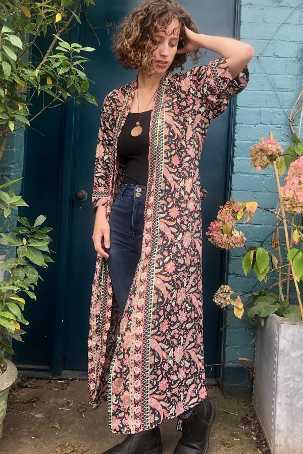 Long kimono dust coat Ebony rose with gold
