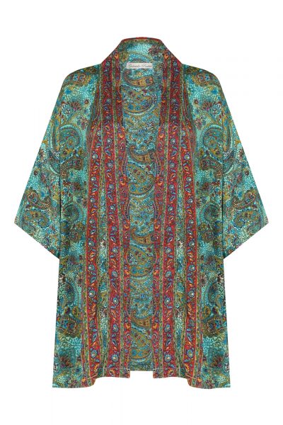Short kimono jacket in Turquoise with gold