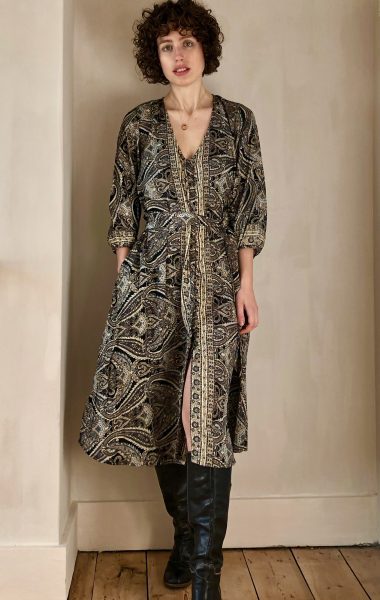 Swingy Shirt Dress in Black Swirl with Gold