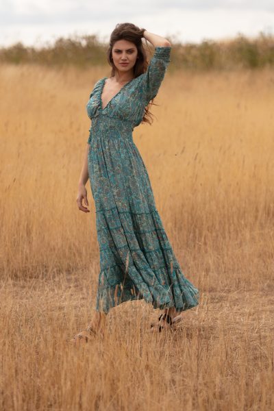 Long Gypsy Dress with sleeves in Pacific Blue with gold-1