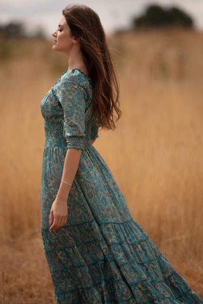 Long Gypsy Dress with sleeves in Pacific Blue with gold-2