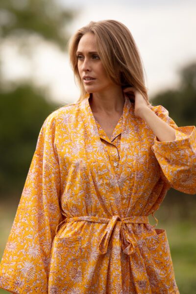 Long Dressing Gown Yellow Block print close