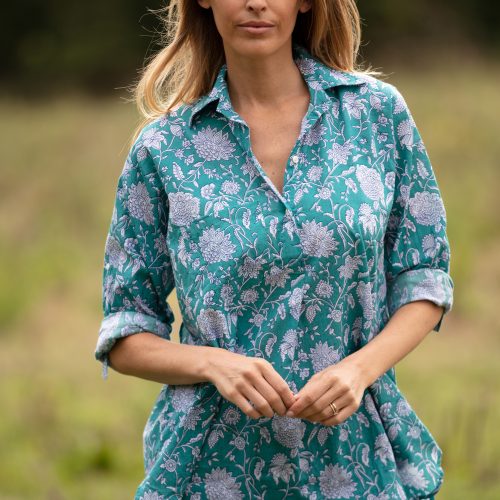Gracie shirt in Turquoise block print
