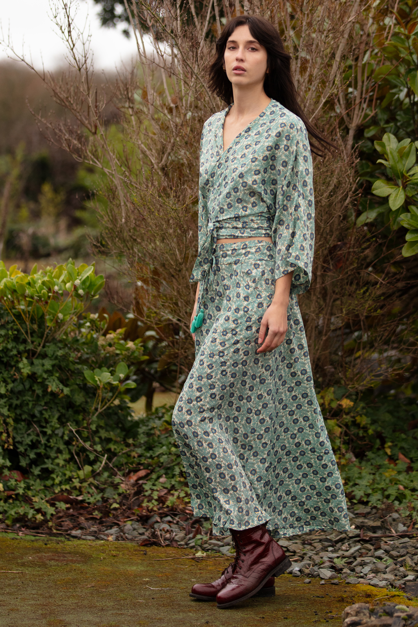 Long Pocket Skirt Blue Cream Gold 5011-2