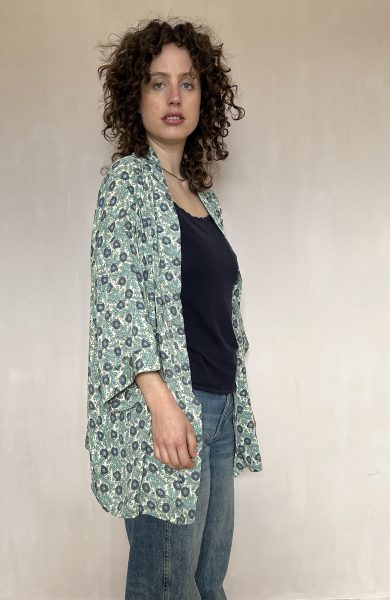 Short Kimono Jacket Blue Cream Gold 1