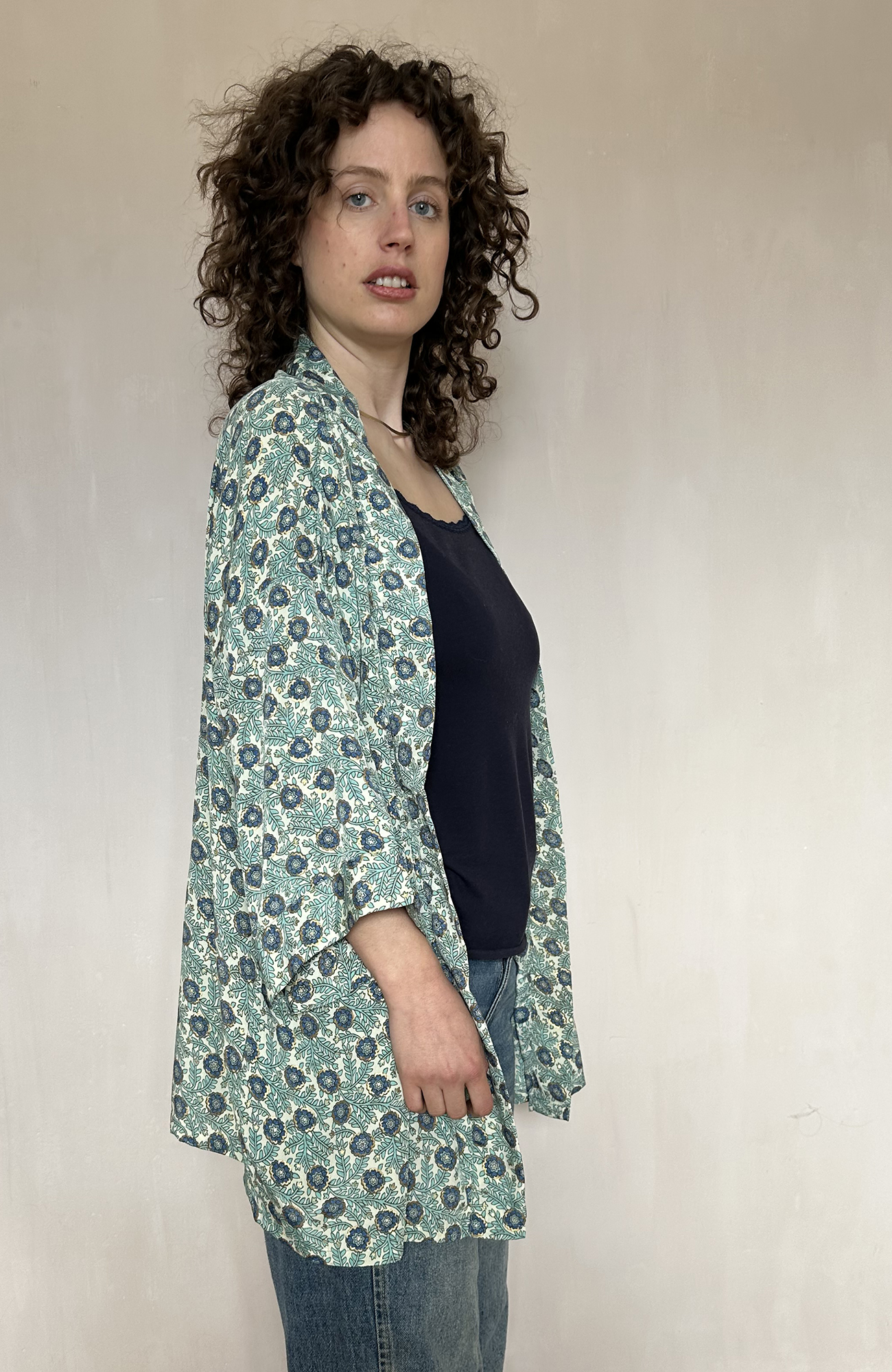 Short Kimono Jacket Blue Cream Gold 3