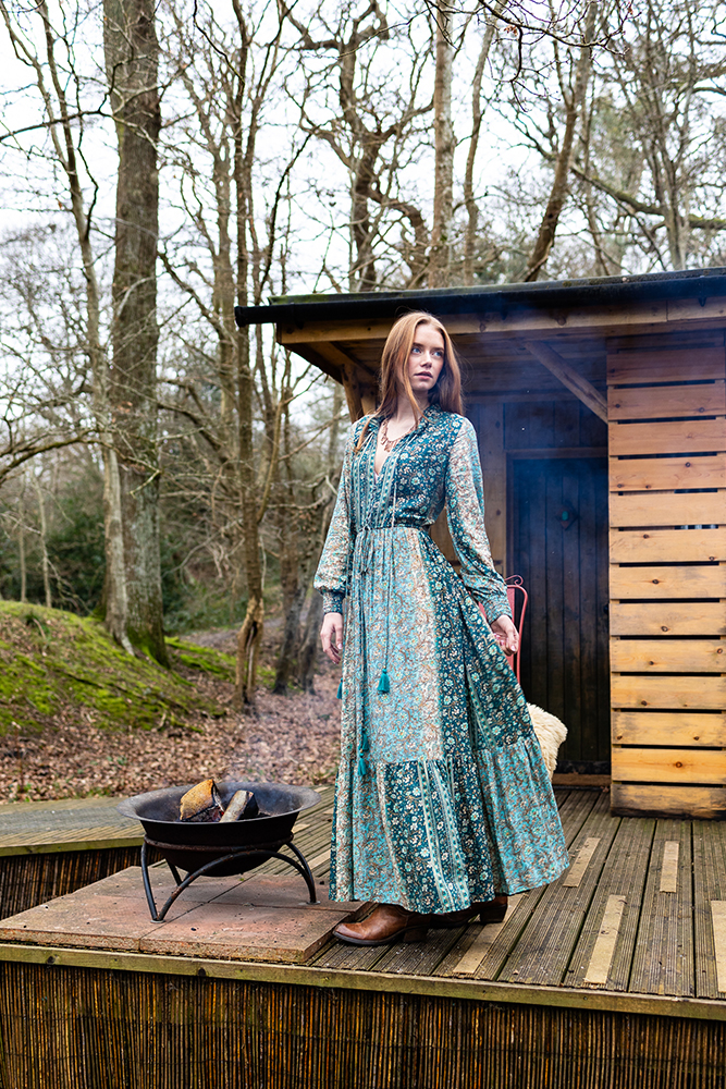 Boho Tiered Dress in Meadow Green Gold Modal 1 Boho Tiered Dress in Meadow Green Gold Modal