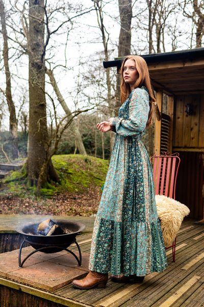 Boho Tiered Dress in Meadow Green Gold Modal 2