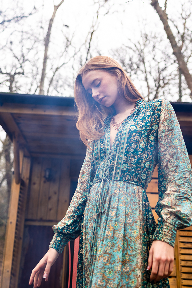Boho Tiered Dress in Meadow Green Gold Modal 3