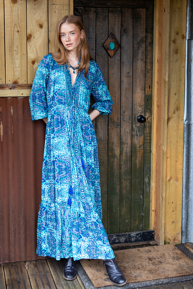 Boho Tiered Dress in Turquoise with Gold Modal 1 Boho Tiered Dress in Turquoise with Gold Modal