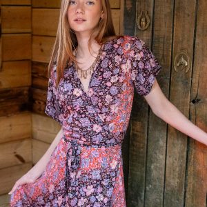 Francesca Wrap Dress in Meadow Coral with Gold Modal