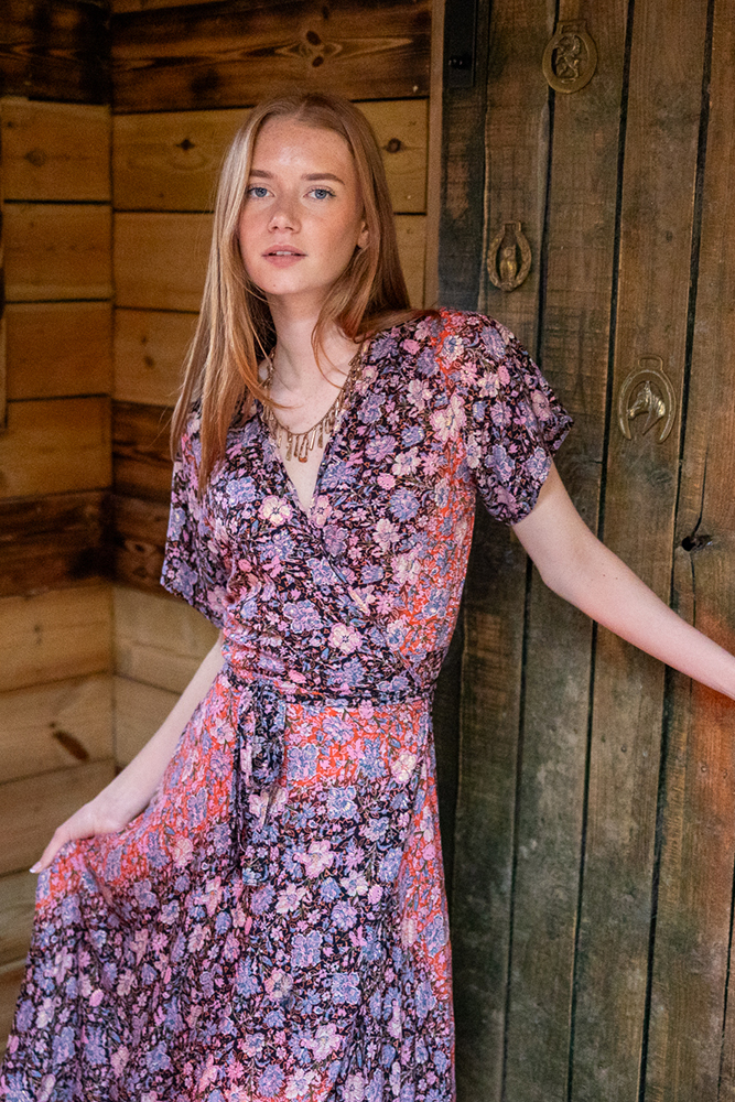 Francesca Wrap Dress in Meadow Coral with Gold Modal 2 Francesca Wrap Dress in Meadow Coral with Gold Modal