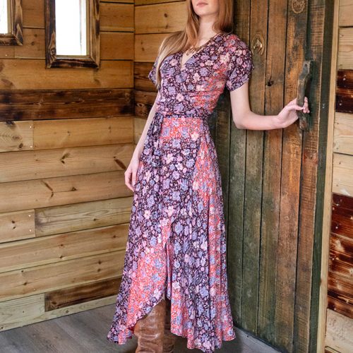 Francesca Wrap Dress in Meadow Coral with Gold Modal