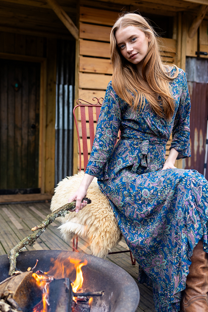 Isabella Wrap Dress in Lily Teal Gold Modal 3