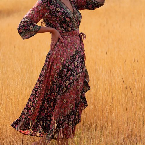 Isabella Wrap Dress in Meadow Coral with Gold Modal
