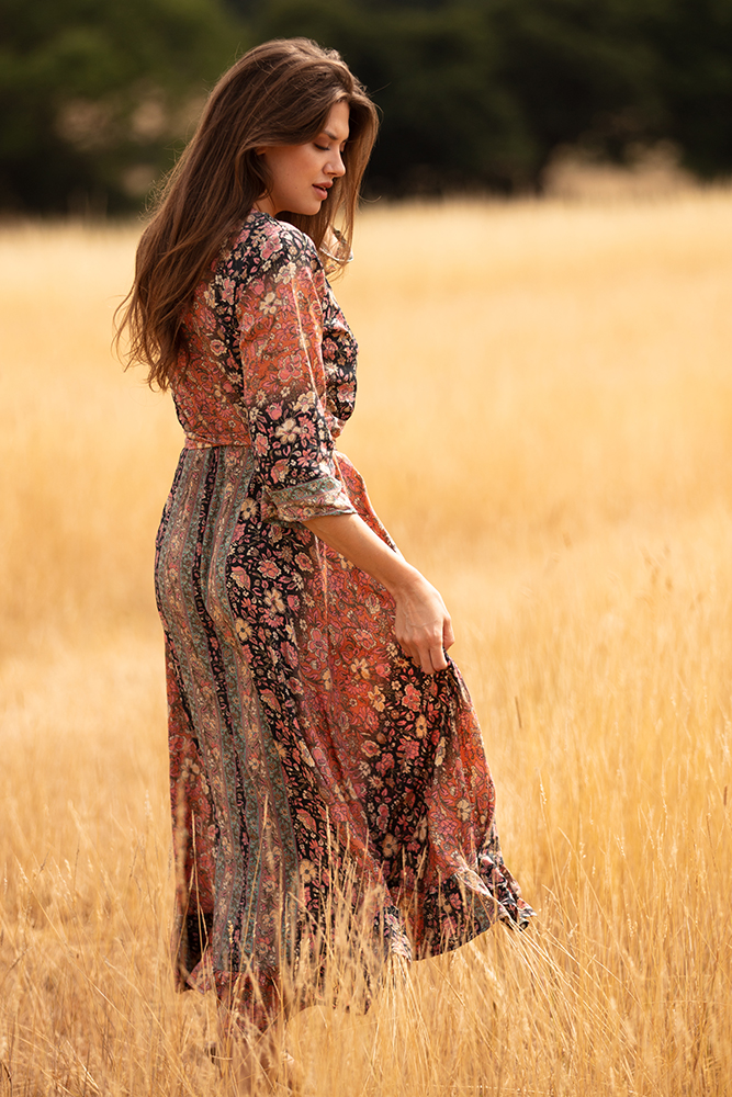Isabella Wrap Dress in Meadow Coral with Gold Modal 3 Isabella Wrap Dress in Meadow Coral with Gold Modal