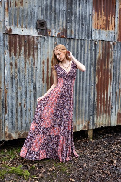 Long Gypsy Dress in Meadow Coral Gold Modal 2