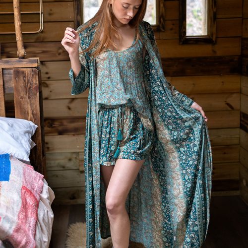 Long Kimono and shorts and cami set in Meadow Green Gold Modal