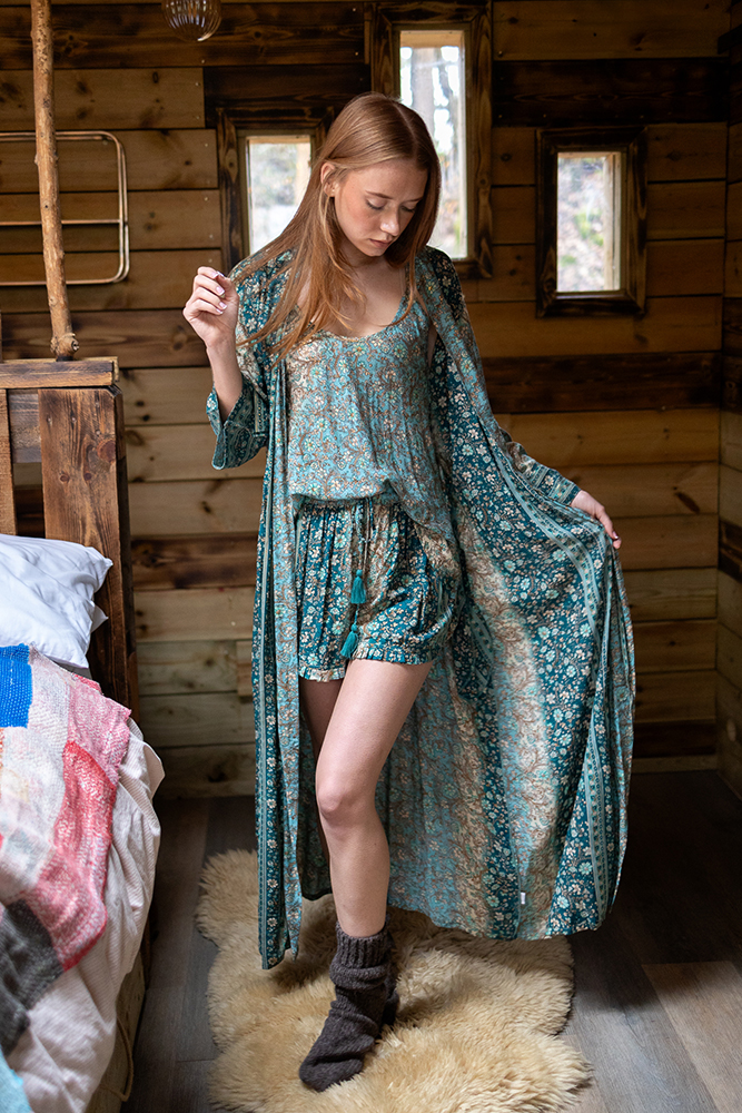 Long Kimono and shorts and cami set in Meadow Green Gold Modal
