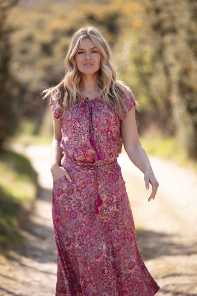 Modal Bias Midi Pocket Skirt Pink with Gold 2