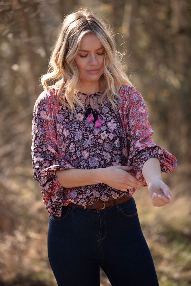 Modal Lara Tassel Blouse Coral Meadow Gold 2 Modal Lara Tassel Blouse Coral Meadow Gold