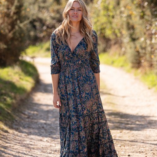 Modal Long Sleeve Gypsy Dress Lily Teal Gold